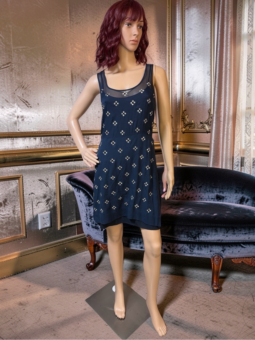 Diane Von Furstenberg Abrielle EUC Sz 6 Navy Crystal Studded Dress (0861)